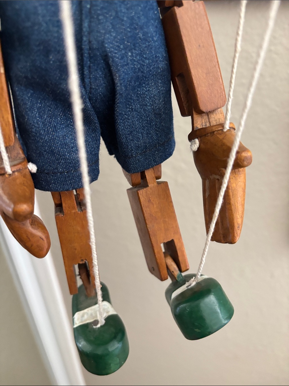 Wooden Pinocchio-Style Marionette Puppet in Green Hat - Picture 6 of 9